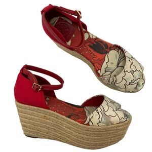 Tory Burch Platform Wedge Espadrilles Sandals Red Floral Open-Toe | Size: 8M